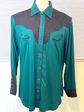 Vintage Western Pearl Snap Shirt - Green w/Black Accents Mens L Long Sleeve 16.5
